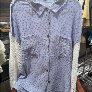 POL Light Blue and White Button-Up Top